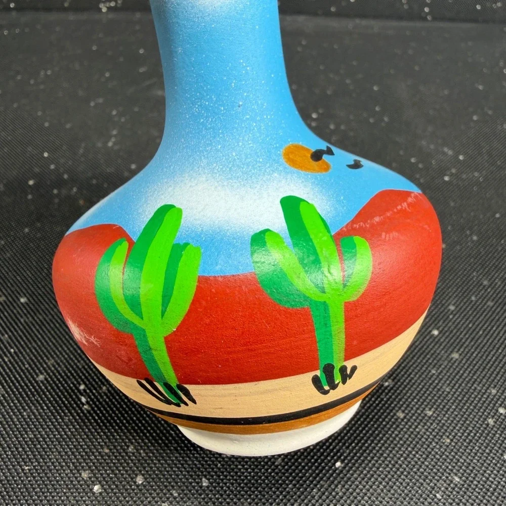 Tesa by Maack Co Desert Landscape Pottery Vase Hand Painted Cactus 5in Blue Red